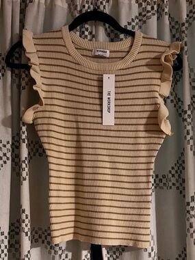 Workshop Republic Clothing Cream Ribbed Ruffle Sleeve Tank